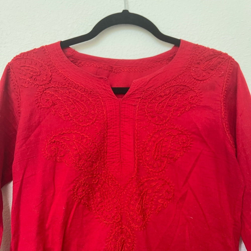 Red Hand Embroidered Women's Top